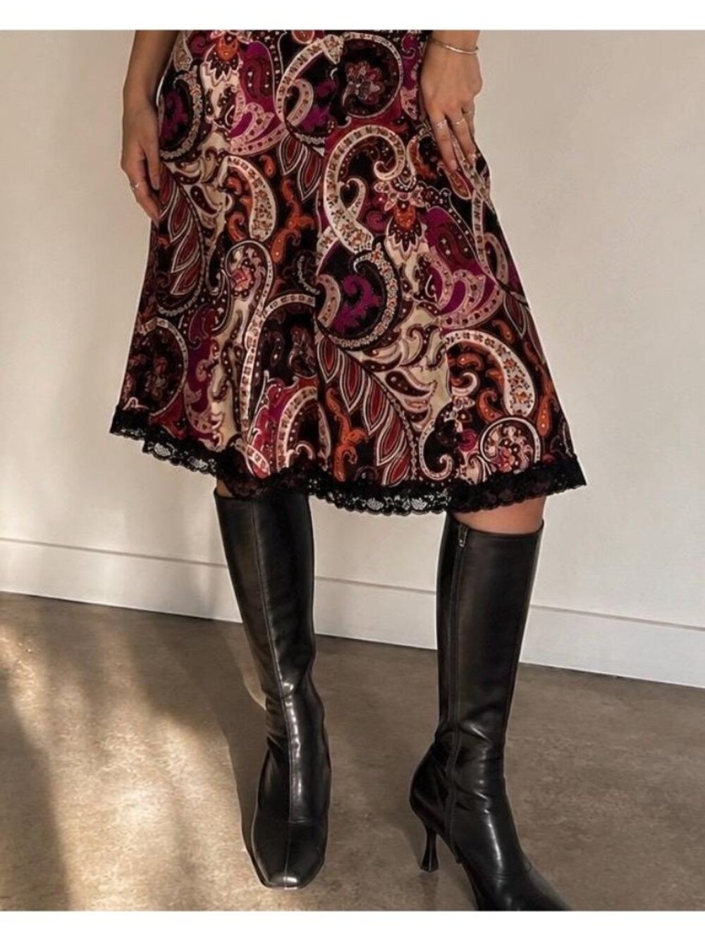 Y2K Silk Paisley Skirt The Limited Boho Lace Trim Midi Skirt 100% Silk Purple Bu